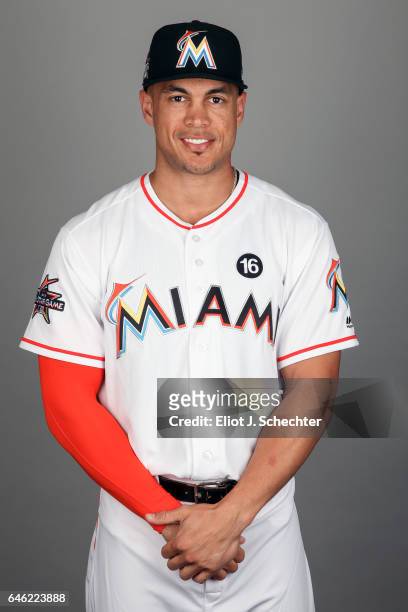 Giancarlo Stanton of the Miami Marlins poses during Photo Day on Saturday, February 18, 2017 at Roger Dean Stadium in Jupiter, Florida.