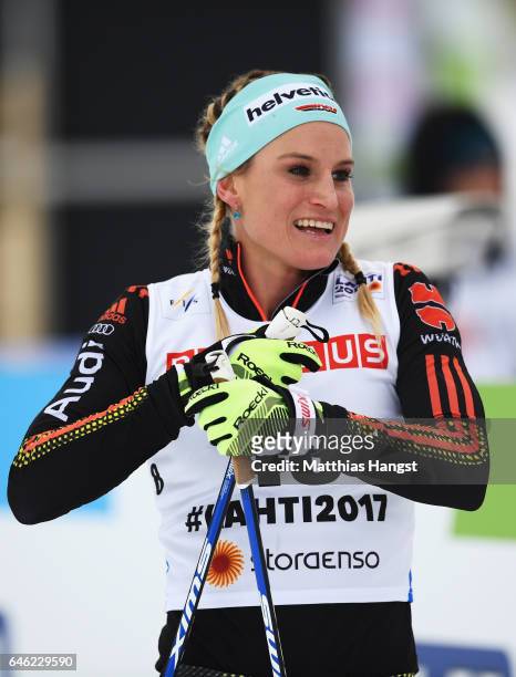 Nicole Fessel of Germany reacts at the finish in the Women's 10km Cross Country during the FIS Nordic World Ski Championships on February 28, 2017 in...
