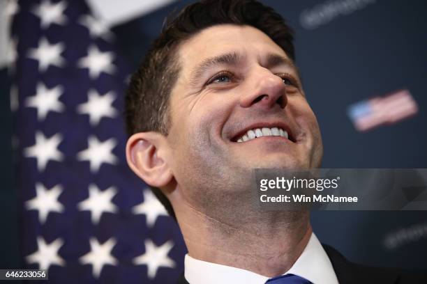 Speaker of the House Paul Ryan attends a press conference following a meeting of House Republicans at the U.S. Capitol on February 28, 2017 in...