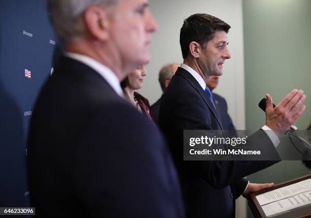 Speaker of the House Paul Ryan answers questions following a meeting of House Republicans at the U.S. Capitol on February 28, 2017 in Washington, DC....