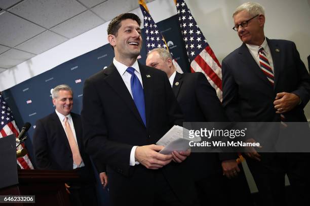 Speaker of the House Paul Ryan departs a press conference following a meeting of House Republicans at the U.S. Capitol on February 28, 2017 in...