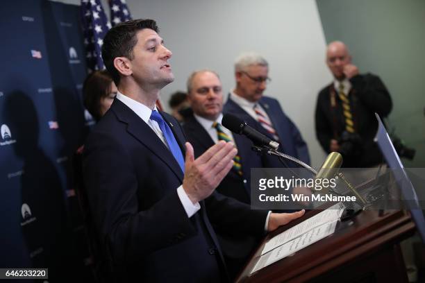 Speaker of the House Paul Ryan answers questions following a meeting of House Republicans at the U.S. Capitol on February 28, 2017 in Washington, DC....