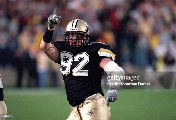 Craig Terrill of the Purdue Boilermakers celebrates on the field during the game against the Ohio State Buckeyes at the Ross-Ade Stadium in...