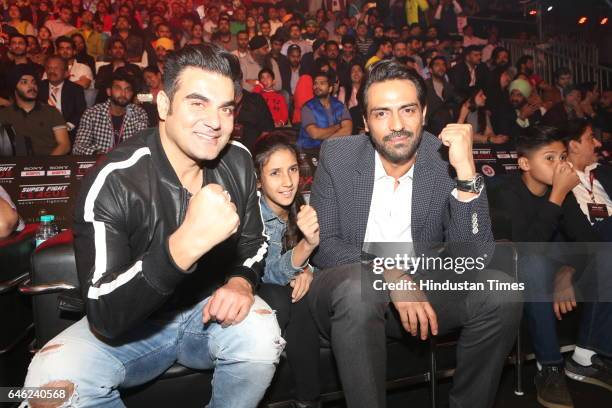 Actors Arbaaz Khan and Arjun Rampal during the Super Fight League at Siri Fort Sports Complex on February 25, 2017 in New Delhi, India.