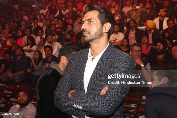 Bollywood actor and Delhi Heroes' owner Arjun Rampal during the Super Fight League at Siri Fort Sports Complex on February 25, 2017 in New Delhi,...