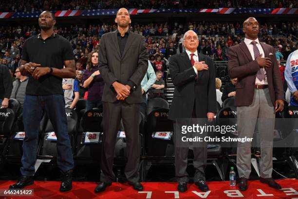 Former Detroit Pistons, Ben Wallace, Tayshaun Prince Larry Brown and Chauncey Billups attends the game against the Boston Celtics on February 26,...
