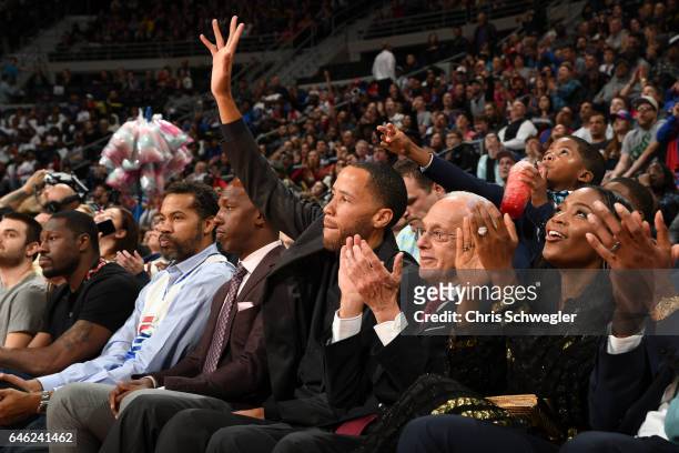 Former Detroit Piston, Tayshaun Prince waves to the crowd and attends the game against the Boston Celtics on February 26, 2017 at The Palace of...
