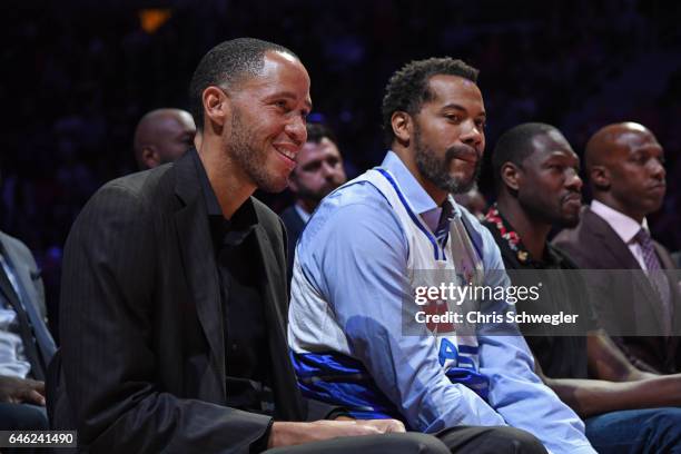 Former Detroit Pistons, Tayshaun Prince and Rasheed Wallace attend the game against the Boston Celtics on February 26, 2017 at The Palace of Auburn...