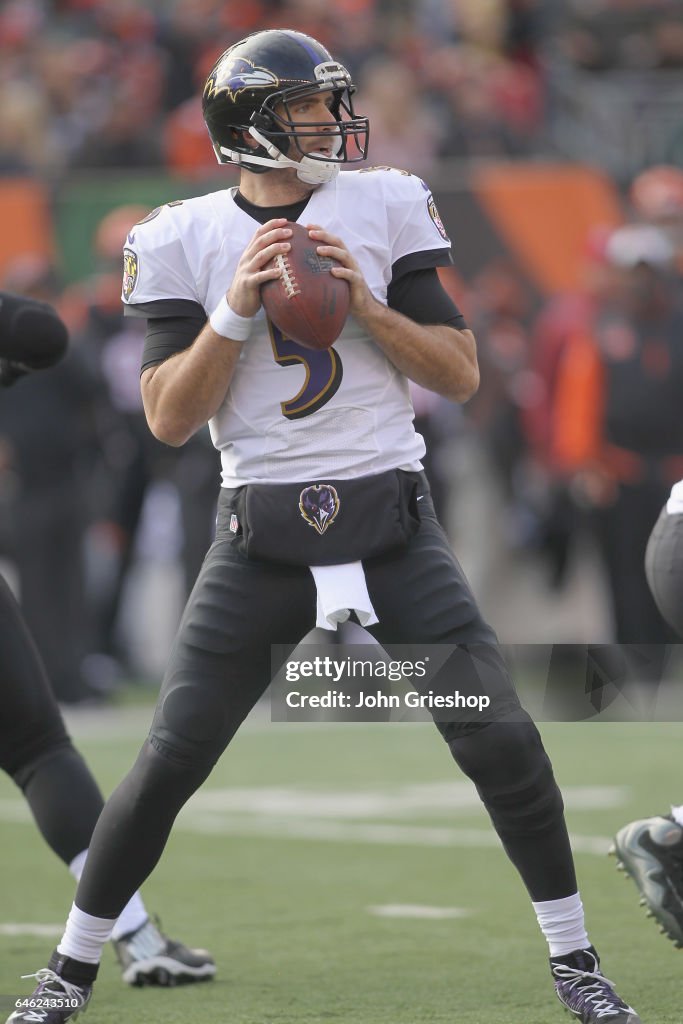 Joe Flacco of the Baltimore Ravens drops back to pass during the game