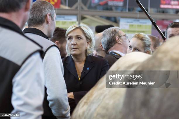 French far-right political Party National Front Leader and Presidential candidate Marine Le Pen visits Le Salon De L'Agriculture on February 28, 2017...