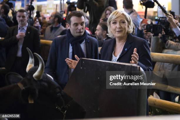 French far-right political Party National Front Leader and Presidential candidate Marine Le Pen and her Vice-President Florian Philippot visit Le...