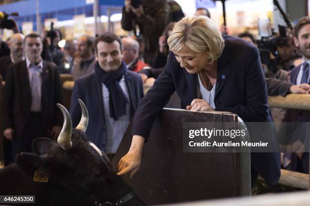 French far-right political Party National Front Leader and Presidential candidate Marine Le Pen visits Le Salon De L'Agriculture on February 28, 2017...