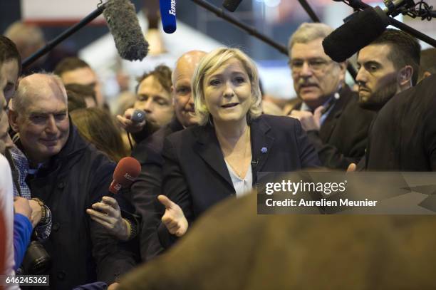 French far-right political Party National Front Leader and Presidential candidate Marine Le Pen visits Le Salon De L'Agriculture on February 28, 2017...