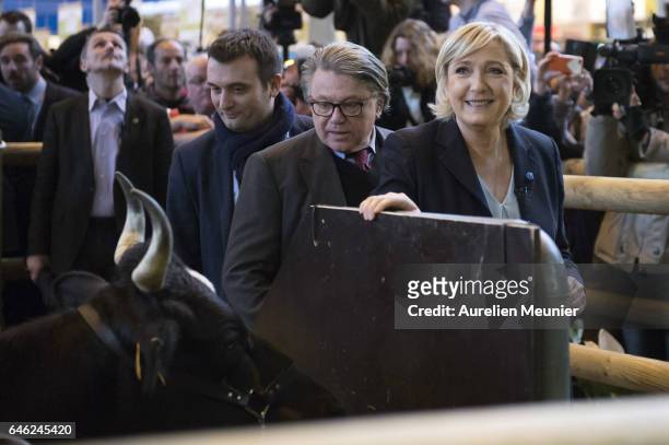 French far-right political Party National Front Leader and Presidential candidate Marine Le Pen and her Vice-President Florian Philippot visit Le...