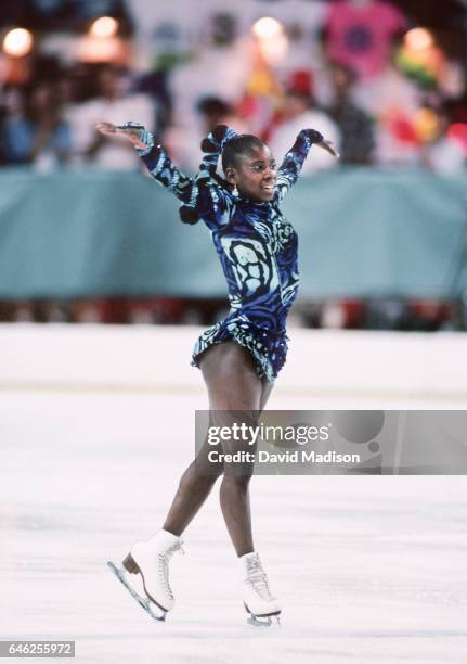 Surya Bonaly of France competes in the Ladies' Figure Skating Singles event of the 1990 Goodwill Games held from July 20 - August 5, 1990 at the...