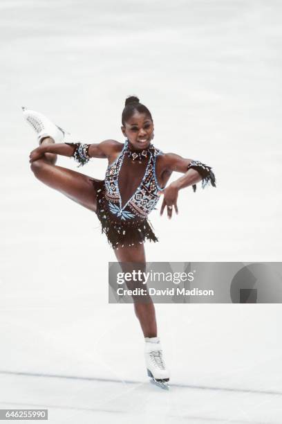 Surya Bonaly of France skates her short program of the Ladies Singles event of the figure skating competition of the 1998 Winter Olympics held on...
