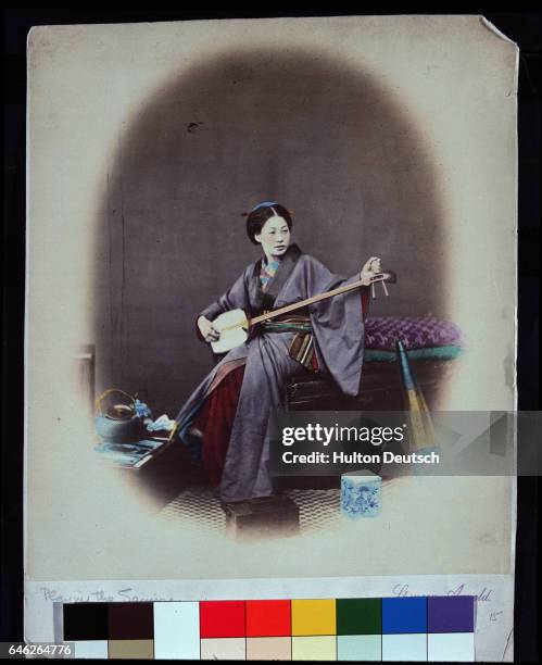 Japanese woman playing the samisen, a square box of wood covered with parchment.