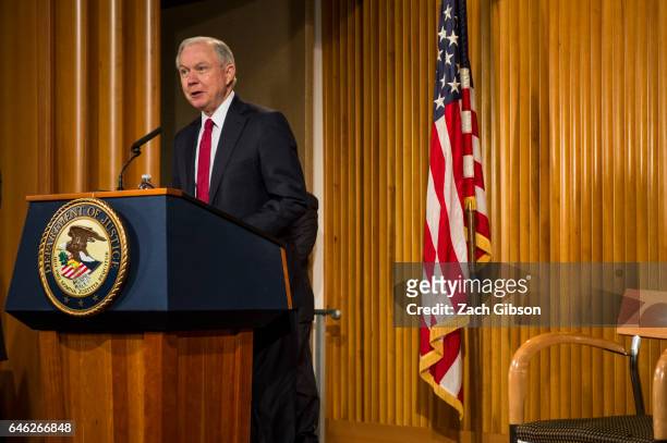 Attorney General Jeff Sessions delivers remarks at the Justice Department's 2017 African American History Month Observation at the Department of...