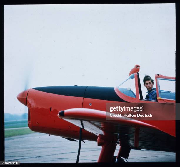 Prince Charles in the cockpit during his flying lesson in an RAF Chipmunk at Tangmere in West Sussex.