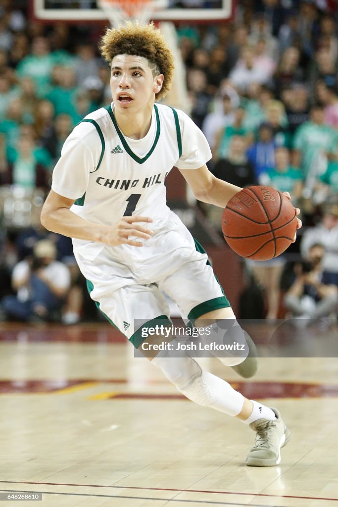 Lamelo Ball of Chino Hills High School brings the ball down court