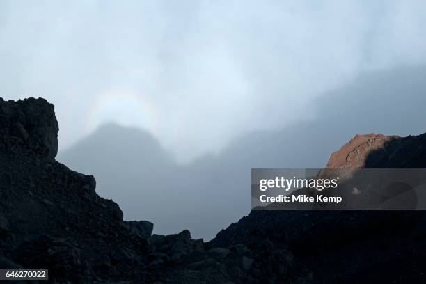 View of the shadow of the mountains onto the cloads below from the Roque de los Muchachos looking south to the Caldera de Taburiente National Park in...