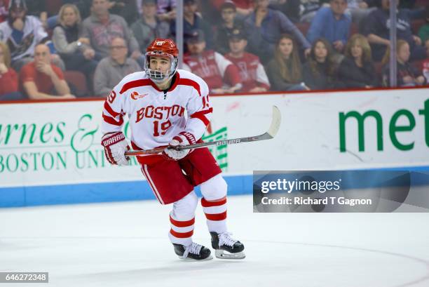 Clayton Keller of the Boston University Terriers skates against the Notre Dame Fighting Irish during NCAA men's hockey at Agganis Arena on February...