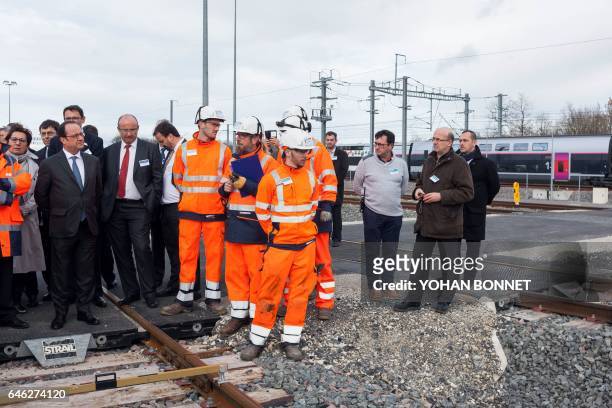 French President Francois Hollande attends the inauguration of the new "Sud Europe Atlantique" high-speed rail line, linking Tours and Bordeaux, on...