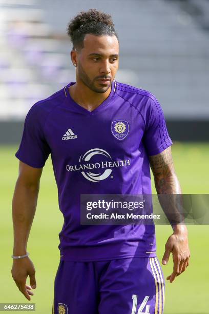 Orlando City SC player Giles Barnes is seen during the Orlando City SC media day event at the Orlando City Stadium on February 28, 2017 in Orlando,...