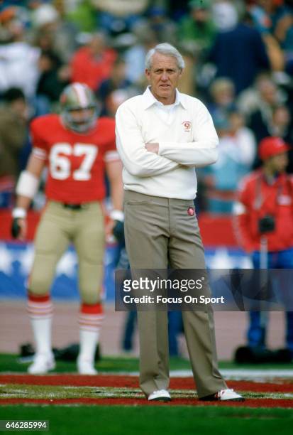 Head coach Bill Walsh of the "nSan Francisco 49ers looks on during pregame warm ups prior to the start of an NFL Football game at Candlestick Park...