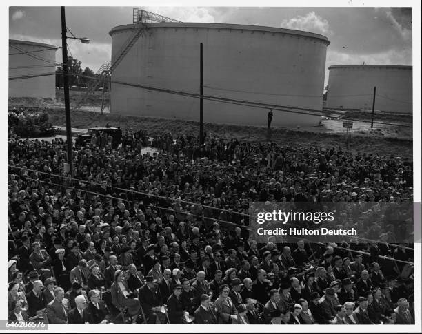 Crowds attend the opening of Europe's largest oil refinery by Prime Minister, Clement Attlee.