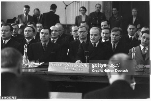 Vyacheslav Molotov , the Soviet foreign minister, and Andrei Gromyko , attend a Four-Power conferencein Berlin.