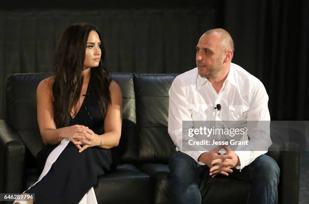 Executive producer Demi Lovato and director Shaul Schwarz discuss the film Beyond Silence at the premiere on February 22, 2017 in Los Angeles,...