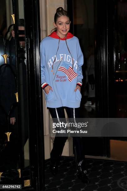 Gigi Hadid leaves her hotel to attend a Tommy Hilfiger even on February 28, 2017 in Paris, France.