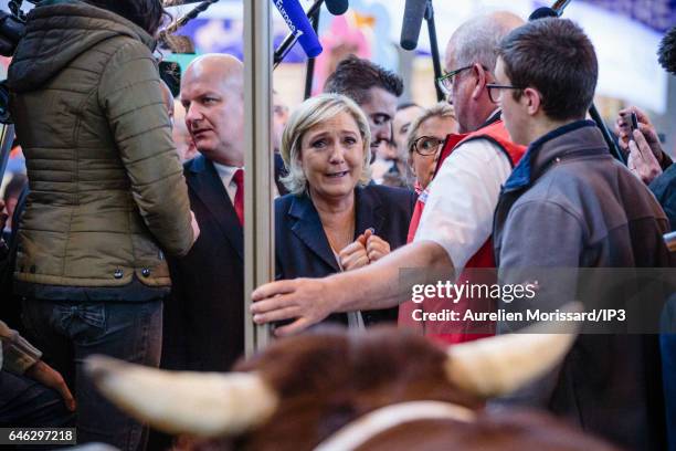 National Front Party Leader and candidate for the 2017 French Presidential Election Marine Le Pen visits the Agricultural Fair at Paris Expo Porte de...