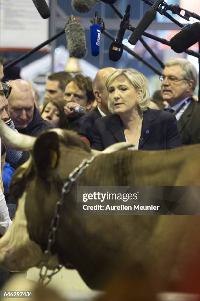 French far-right political Party National Front Leader and Presidential candidate Marine Le Pen visits Le Salon De L'Agriculture on February 28, 2017...