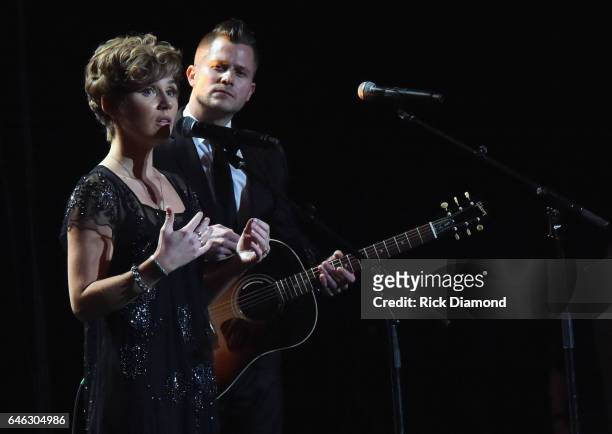 Clare Bowen and Brandon Robert Young perform at the T.J. Martell Foundation 9th Annual Nashville Honors Gala at Omni Hotel on February 27, 2017 in...