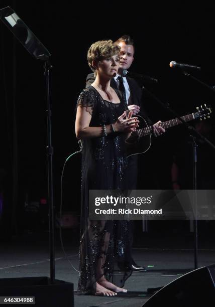 Clare Bowen and Brandon Robert Young perform at the T.J. Martell Foundation 9th Annual Nashville Honors Gala at Omni Hotel on February 27, 2017 in...