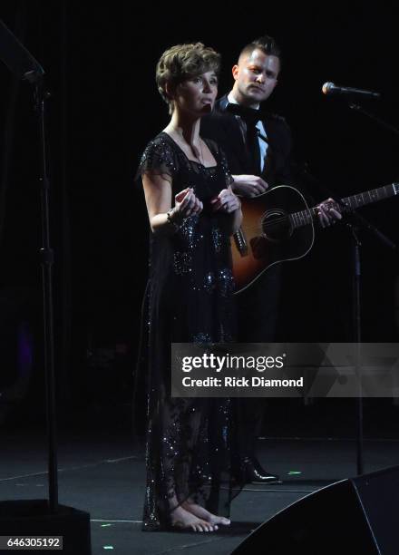 Clare Bowen and Brandon Robert Young perform at the T.J. Martell Foundation 9th Annual Nashville Honors Gala at Omni Hotel on February 27, 2017 in...