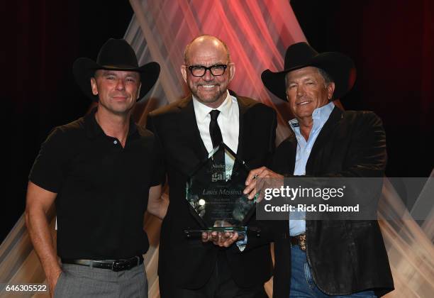 Kenny Chesney, Tony Martell Lifetime Entertainment Achievement Award recipient Louis Messina, and George Strait during the T.J. Martell Foundation...