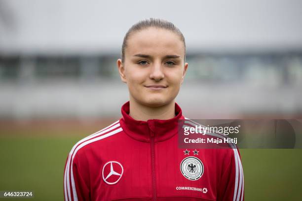 Lisa Schoeppl poses during the Germany Women's U19 team presentation on February 28, 2017 in Duesseldorf, Germany.