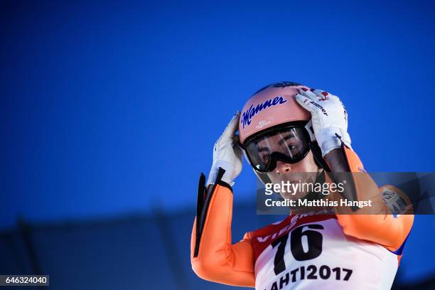 Stefan Kraft of Austria prepares for his jump during the Men's LH134 Ski Jumping Training during the FIS Nordic World Ski Championships on February...