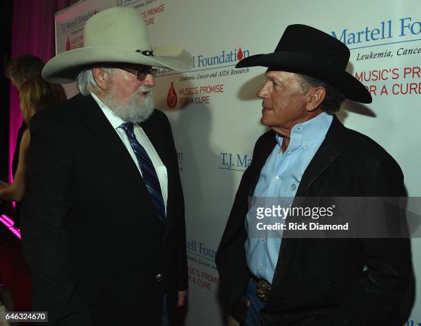Charlie Daniels and George Strait attend the T.J. Martell Foundation 9th Annual Nashville Honors Gala at Omni Hotel on February 27, 2017 in...