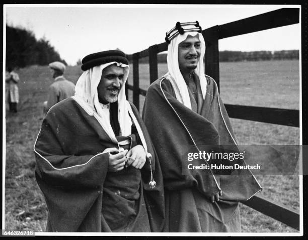 Emir Khalid Feisal, fourth son of King Ibn Saud of Saudi Arabia, with Sheikh Ibrahim el Suleiman, on a visit to the Royal Stables in 1943.