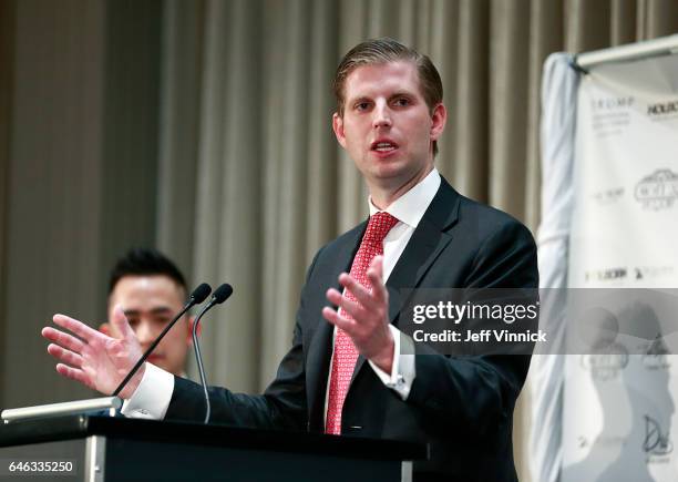 Eric Trump delivers a speech during a ceremony for the official opening of the Trump International Tower and Hotel on February 28, 2017 in Vancouver,...