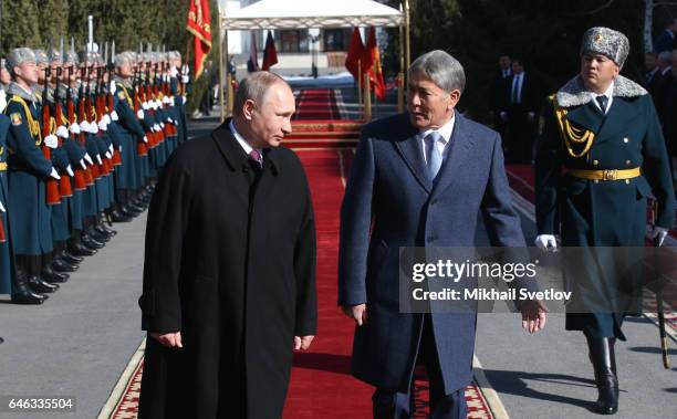 Russian President Vladimir Putin and Kyrgyz President Almazbek Atambayev attends the welcoming ceremony in Bishkek,Kyrgtzstan, February 2017. Putin...