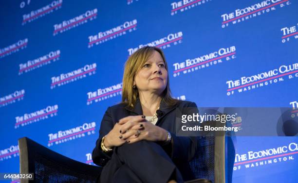 Mary Barra, chairman and chief executive officer of General Motors Co., listens during an Economic Club of Washington event in Washington, D.C.,...