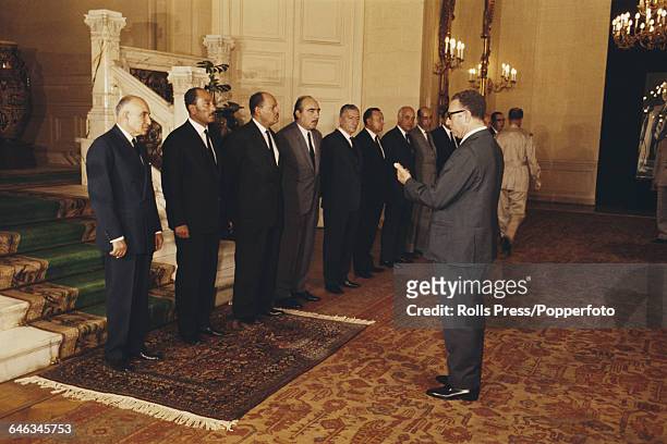 Egyptian statesman Anwar Sadat 2nd from left, takes part in a swearing in ceremony in Cairo to become President of Egypt in October 1970 shortly...