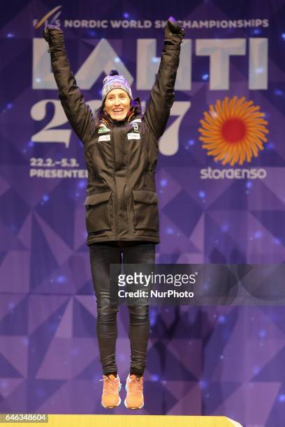 Marit Bjoergen , during the Award Ceremony after Ladies cross-country 10.0km Individual Classic final, at FIS Nordic World Ski Championship 2017 in...