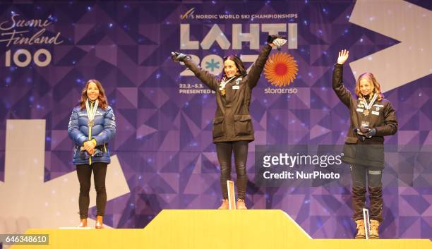 Charlotte Kalla , Marit Bjoergen , Astrid Uhrenholdt Jacobsen , during the Award Ceremony after Ladies cross-country 10.0km Individual Classic final,...
