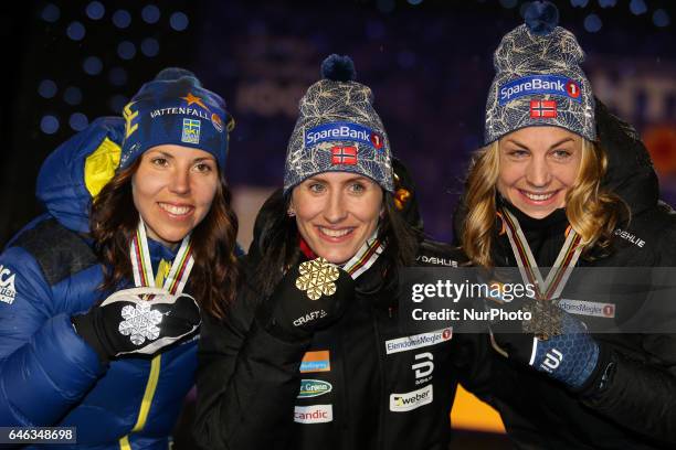 Charlotte Kalla , Marit Bjoergen , Astrid Uhrenholdt Jacobsen , during the Award Ceremony after Ladies cross-country 10.0km Individual Classic final,...